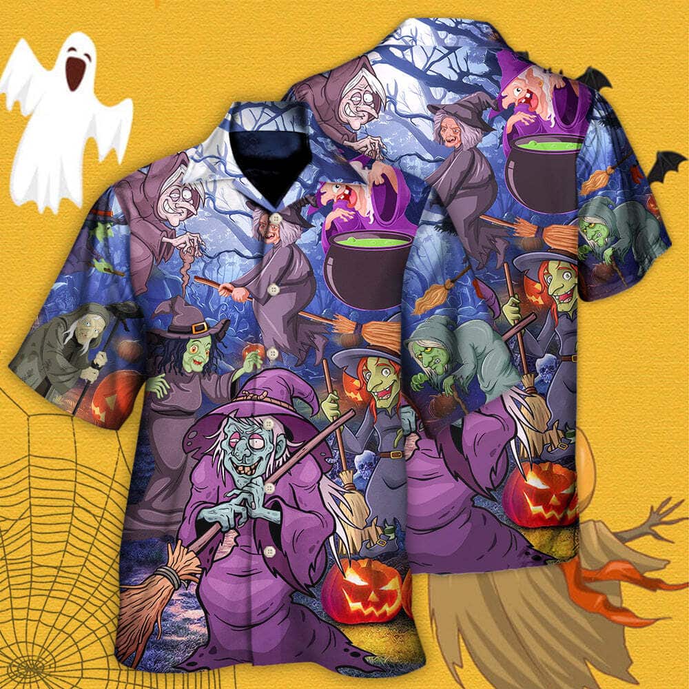 Halloween Funny Witch Pumpkin In The Magic Forest Hawaiian Shirt