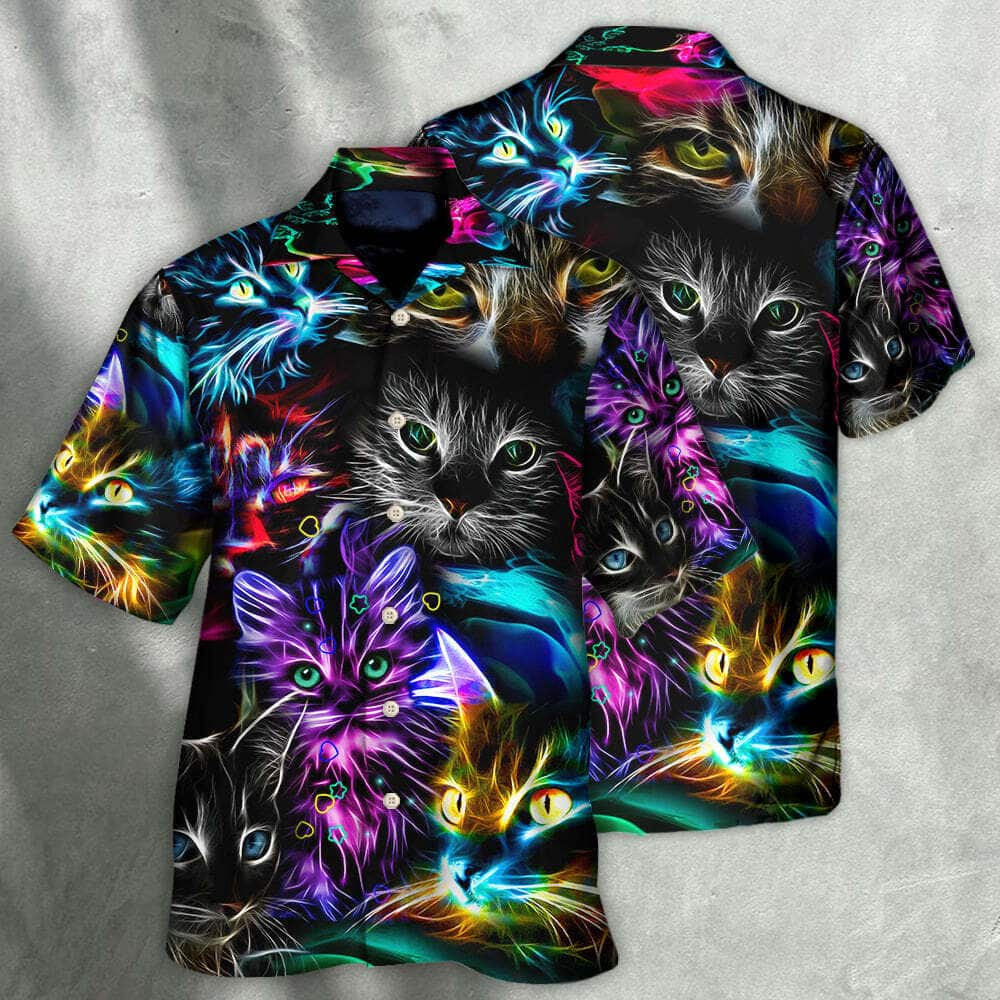 Cat Funny Neon Light Colorful Style Hawaiian Shirt