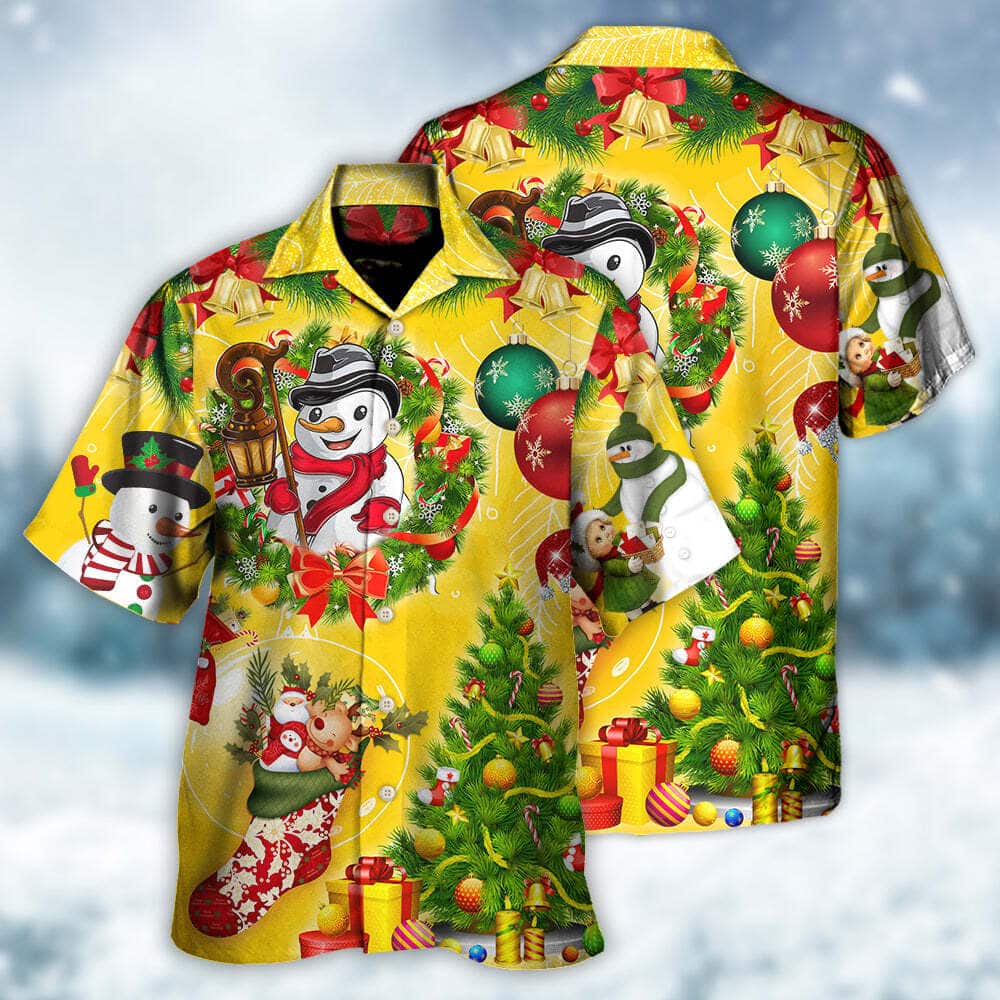 Christmas Funny Snowman Happy Christmas Tree Yellow Light Hawaiian Shirt