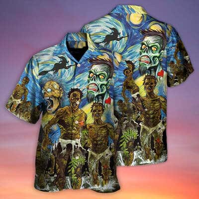 Halloween Zombie Crazy Starry Night Funny Boo Art Style Hawaiian Shirt Halloween Zombie Crazy Starry Night Funny Boo Art Style Hawaiian Shirt