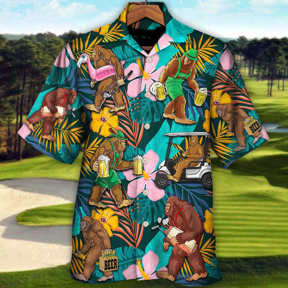 Funny Bigfoot Playing Golf Hawaiian Shirt Gift For Beer Lovers Funny Bigfoot Playing Golf Hawaiian Shirt Gift For Beer Lovers