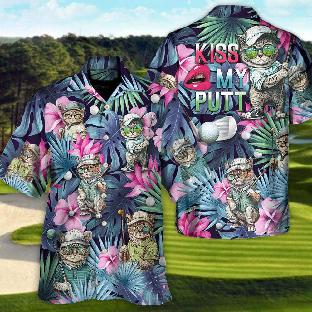 Funny Cat Playing Golf Kiss My Putt Tropical Palm Leaves Hawaiian Shirt