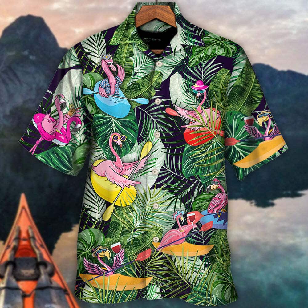 Funny Flamingo Playing Kayaking Just Add Water Palm Leaves Pattern Hawaiian Shirt