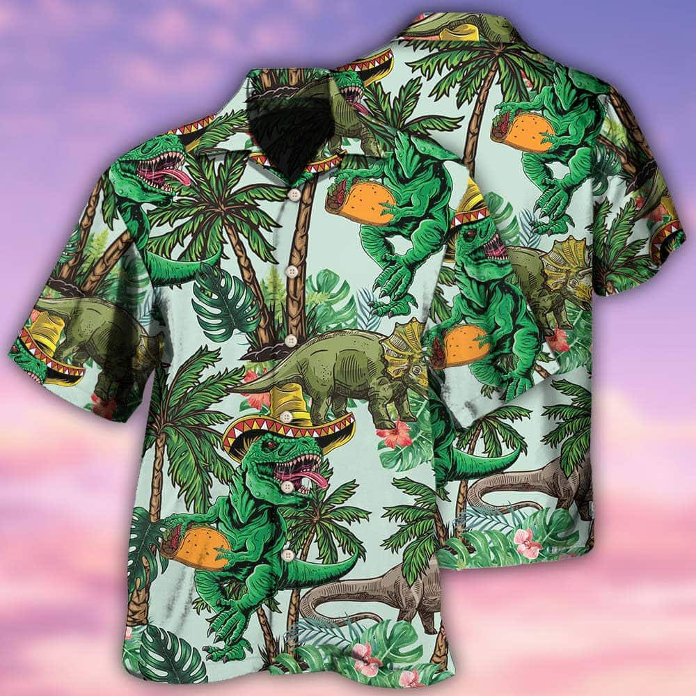 Funny Jurassic Park Dinosaur Hawaiian Shirt Tropical Tree Pattern Gift For Beach Trip