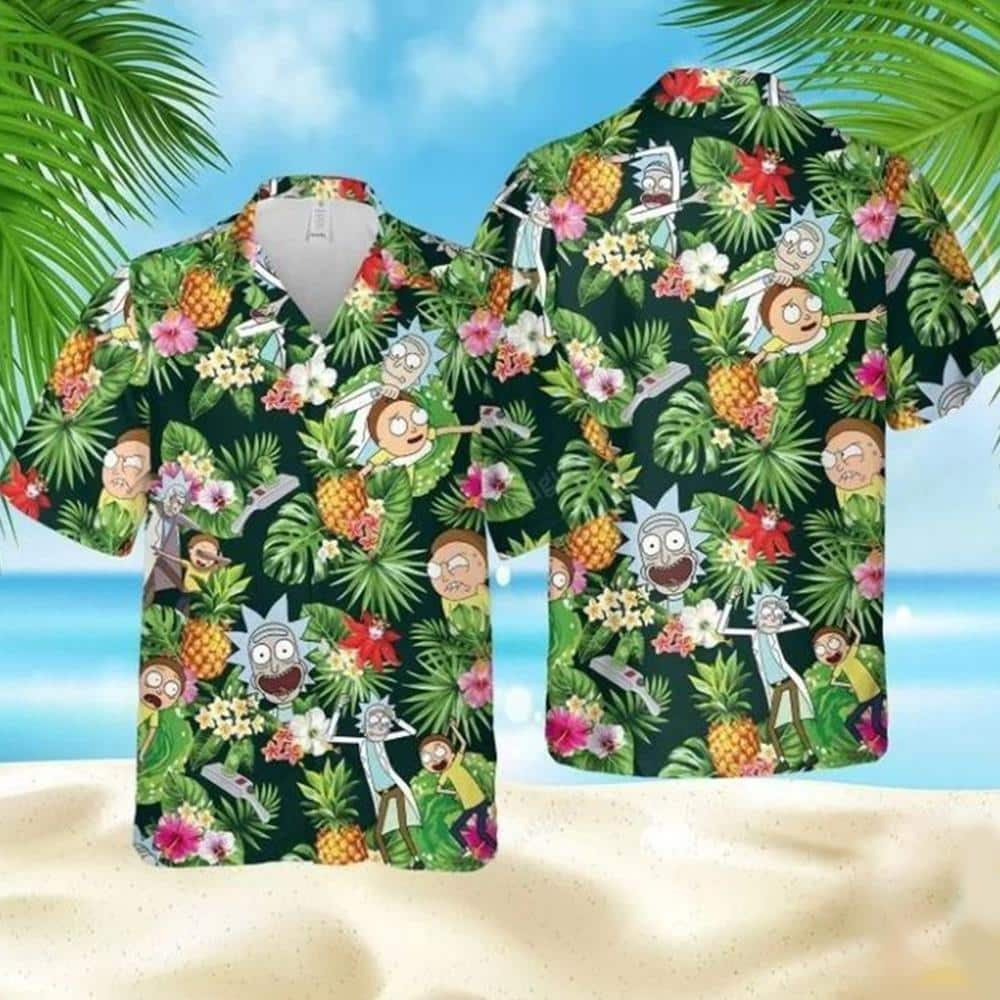 Funny Aloha Rick And Morty Hawaiian Shirt Palm Leaves Pattern Beach Lovers Gift