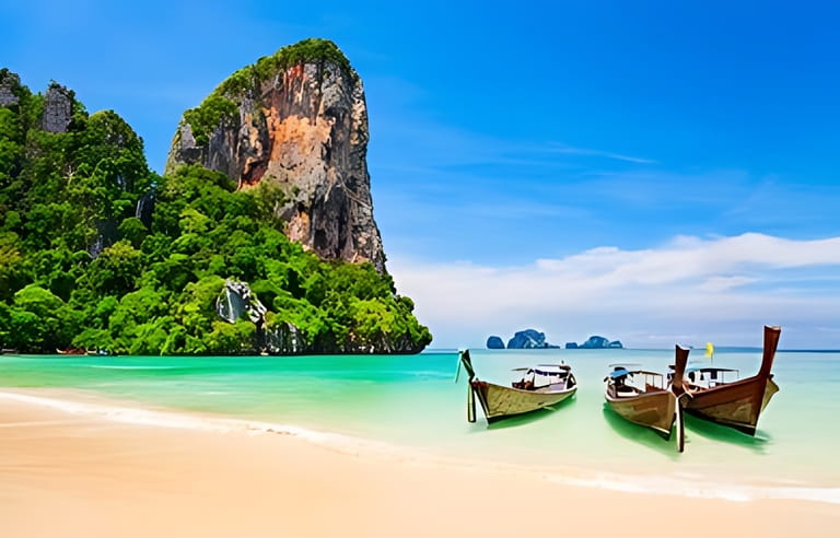 Boats at the beauty beach with limestone cliff and crystal clear water in Thailand