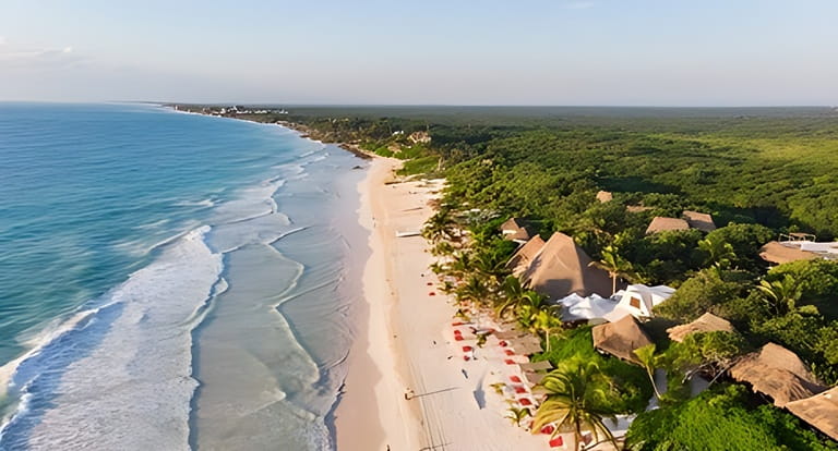 Beautiful view of Tulum beach during sunrise in Mexico North America Beautiful view of Tulum beach during sunrise in Mexico North America