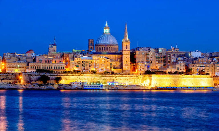 Valletta skyline at night in Malta