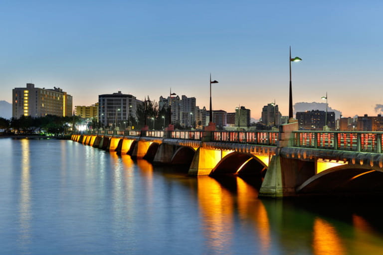 El Condado Lagoon, Dos Hermanos Bridge and skyline, El Condado, San Juan, Puerto Rico