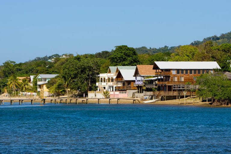 Wooden houses on the coast of Roatan, Honduras, Central America