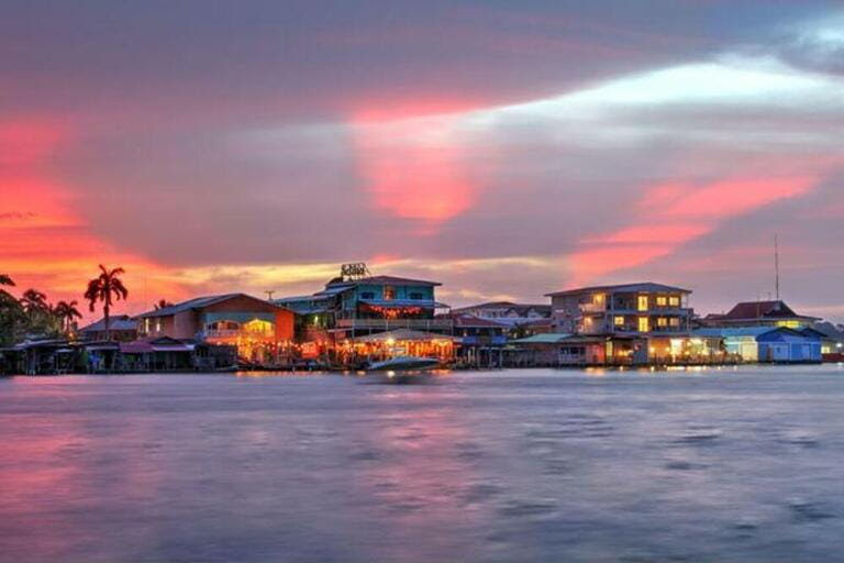Waterfront of Bocas Town on Isla Colon, Bocas del Toro province, Panama capture during a glorious sunset from Carenero Island.