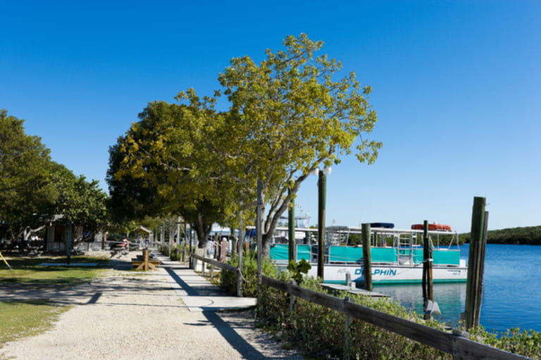 Boat tour embarkation area in the Marina at the John Pennekamp Coral Reef State Park, Key Largo, Florida Keys, USA