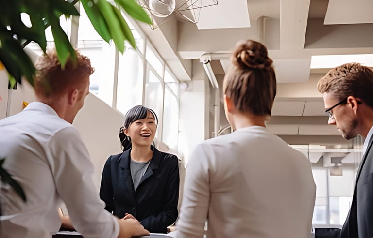 Diverse group of business people having meeting together in modern office. Businesswoman explaining new business ideas to colleagues. Diverse group of business people having meeting together in modern office. Businesswoman explaining new business ideas to colleagues.