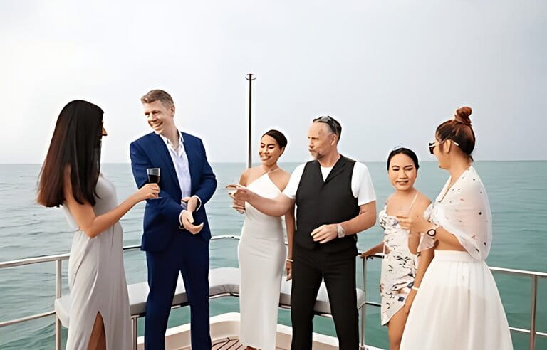 group of friends having fun and party celebrating on luxury yacht