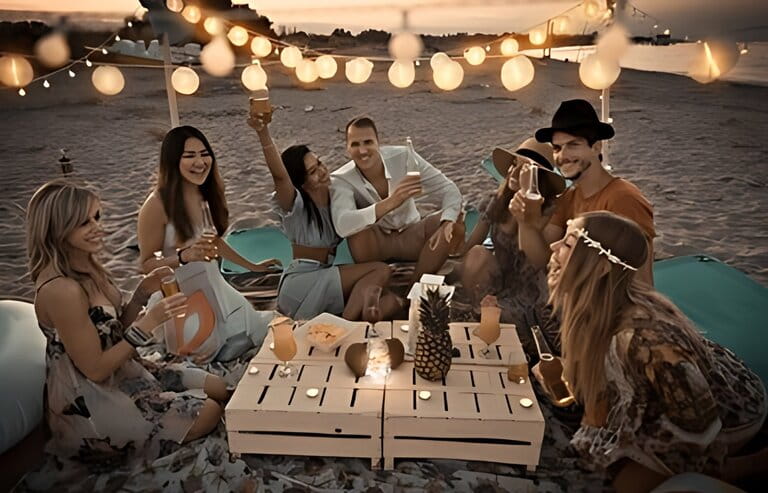 Group of friends having a picnic at the beach - happy young people on a summer vacation at the beach Group of friends having a picnic at the beach - happy young people on a summer vacation at the beach