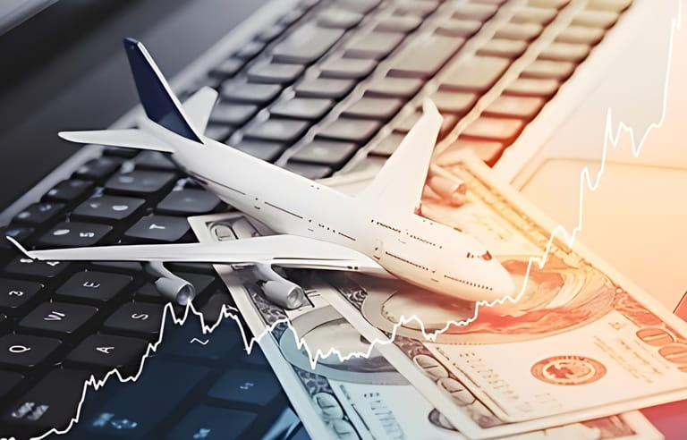 Toy aircraft, dollar bills and rising chart representing airfare rise. Toy aircraft, dollar bills and rising chart representing airfare rise.