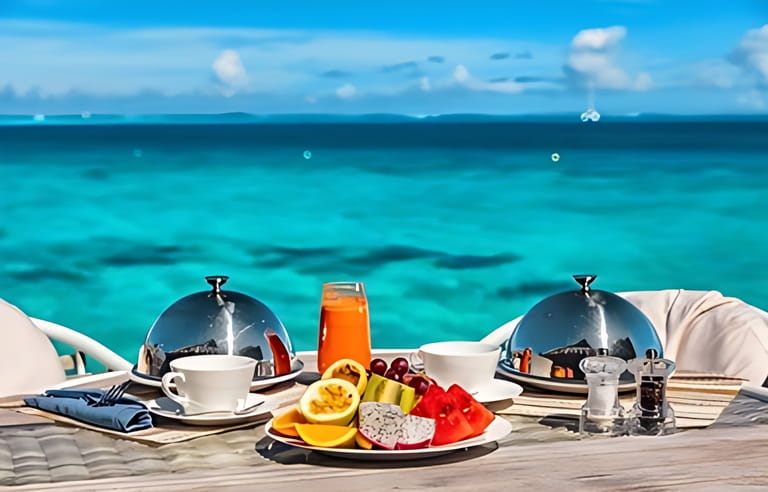 Vacation breakfast at luxury hotel room ocean view. Romantic honeymoon travel holiday in Maldives or Tahiti. Presentation of two plates, fruits, coffee, juice. Vacation breakfast at luxury hotel room ocean view. Romantic honeymoon travel holiday in Maldives or Tahiti. Presentation of two plates, fruits, coffee, juice.