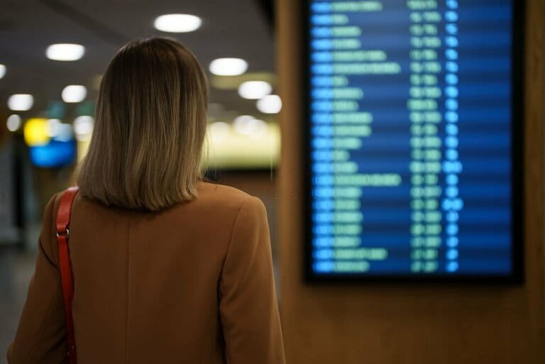 Woman wearing business suit while checking in for her flight in the airport Woman wearing business suit while checking in for her flight in the airport