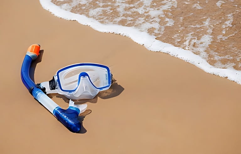 Mask and snorkel in the surf on the sandy beach; selective focus Mask and snorkel in the surf on the sandy beach; selective focus