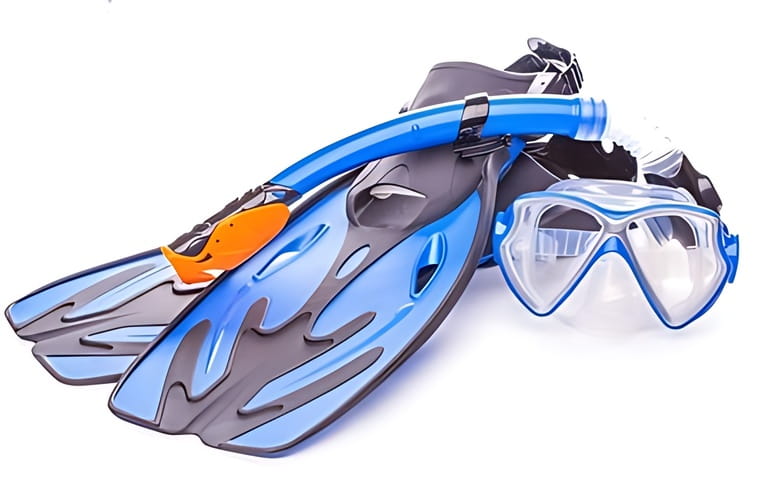 Blue diving goggles,snorkel and flippers on white background. Blue diving goggles,snorkel and flippers on white background.