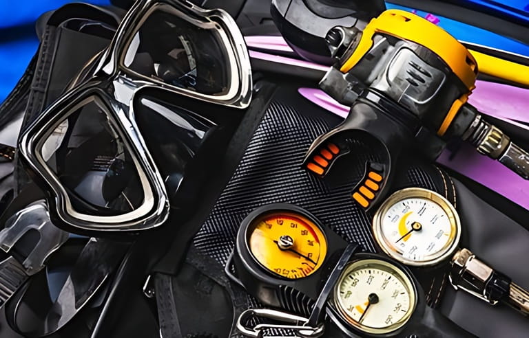 Scuba Fins, Regulator/Octopus, Depth Gauge , Balanced Regulator ,Power Inflator ,Dive Mask and Snorkel ,Scuba Gear for a Dive on a Boat Scuba Fins, Regulator/Octopus, Depth Gauge , Balanced Regulator ,Power Inflator ,Dive Mask and Snorkel ,Scuba Gear for a Dive on a Boat