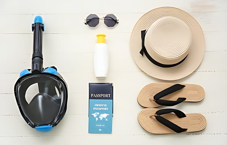 Female beach accessories with snorkeling mask and immune passport on white wooden background