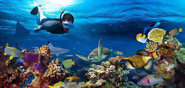 Young men scuba diving explore underwater coral reef landscape background in deep blue ocean with colorful fish and marine life Young men scuba diving explore underwater coral reef landscape background in deep blue ocean with colorful fish and marine life