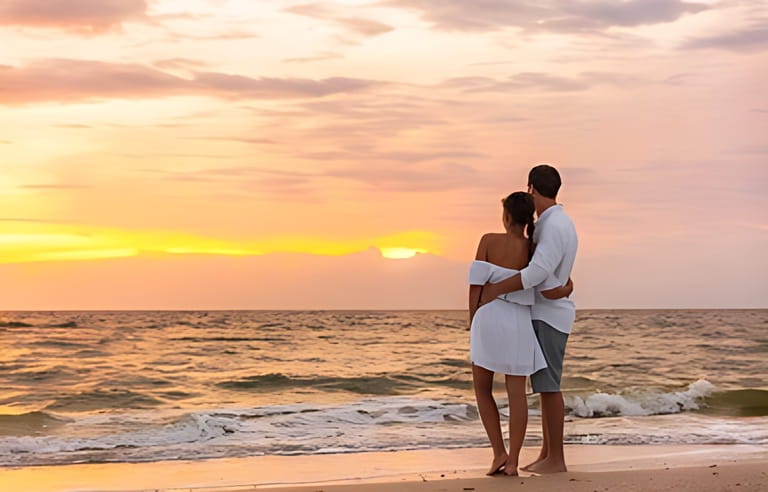 Honeymoon couple walking on sunset romantic stroll on Lover's key beach in Florida enjoying evening light relaxing on tropical summer vacation travel holiday. Honeymoon couple walking on sunset romantic stroll on Lover's key beach in Florida enjoying evening light relaxing on tropical summer vacation travel holiday.