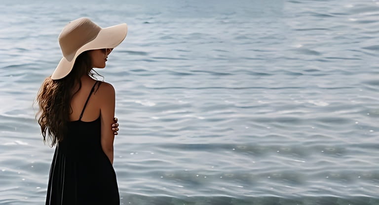 A picture of a beautiful young woman with long dark hair in a dress and a straw hat, posing on the beach, standing with her back and looking at the endless sea.