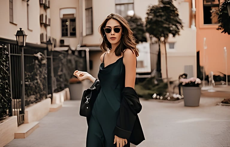 Fashionable light brown in long green dress, black jacket and sunglasses, standing on the street during the day against the background of light city buildings