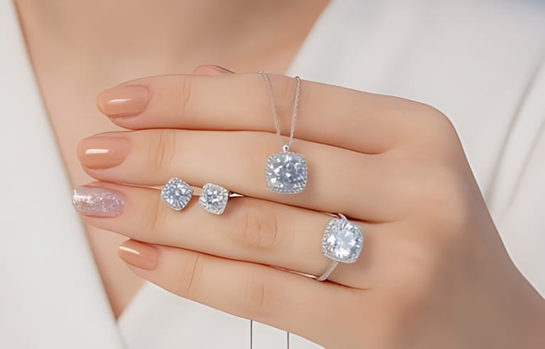 square stone diamond jewelry set in white women hands square stone diamond jewelry set in white women hands