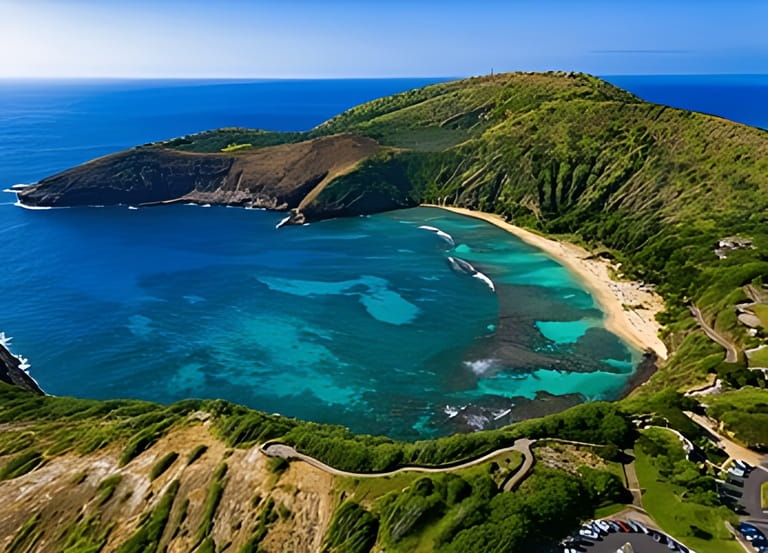 An aerial view of Hanauma Bay on the island of O'ahu in Hawaii An aerial view of Hanauma Bay on the island of O'ahu in Hawaii