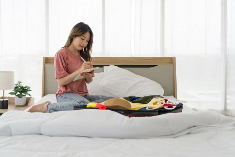 Asian teenager in casual clothes makes a checklist while packing his luggage. A suitcase full of clothes for a summer vacation lay open on the bed
