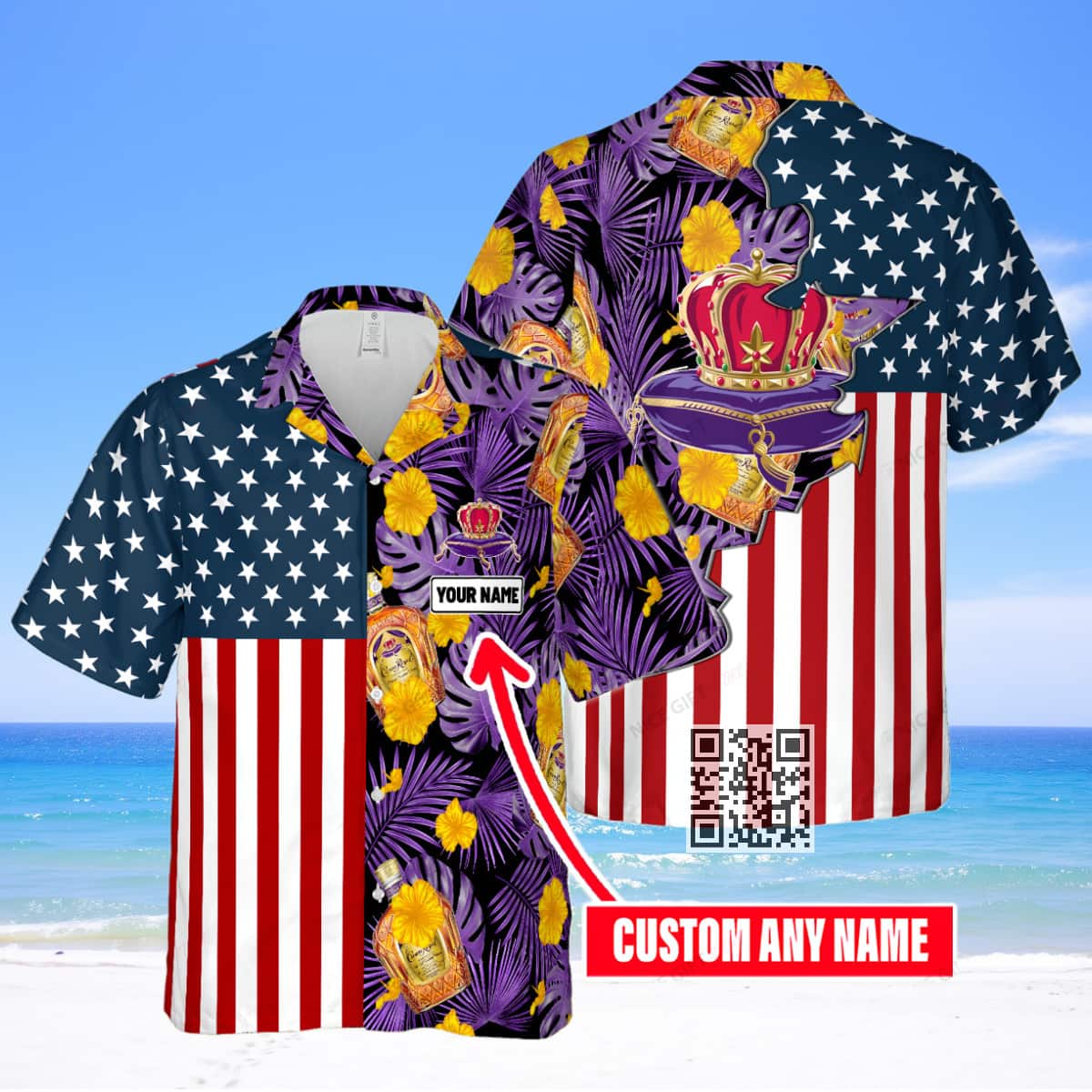 Aloha Crown Royal Hawaiian Shirt Tropical Pattern US Flag Custom Name