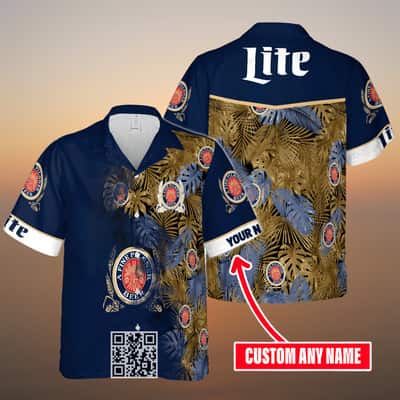 Miller Lite Beer Hawaiian Shirt Custom Name Palm Leaves Pattern
