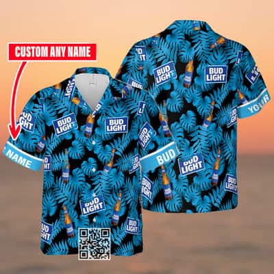 Bud Light Beer Hawaiian Shirt Custom Name Palm Leaves Pattern