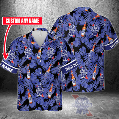 Pabst Blue Ribbon Beer Hawaiian Shirt Custom Name Palm Leaves Pattern