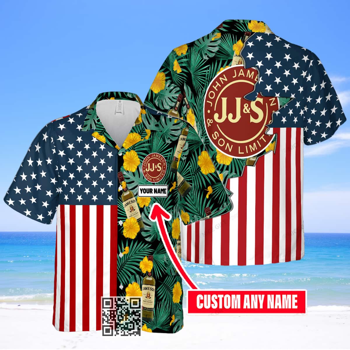 Jameson Irish Whiskey Hawaiian Shirt US Flag Palm Leaves Pattern Custom Name Jameson Irish Whiskey Hawaiian Shirt US Flag Palm Leaves Pattern Custom Name