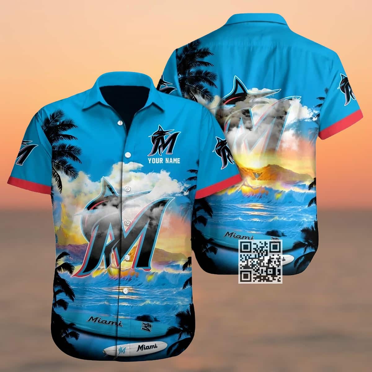MLB Miami Marlins Hawaiian Shirt Sunset Pattern Custom Name MLB Miami Marlins Hawaiian Shirt Sunset Pattern Custom Name
