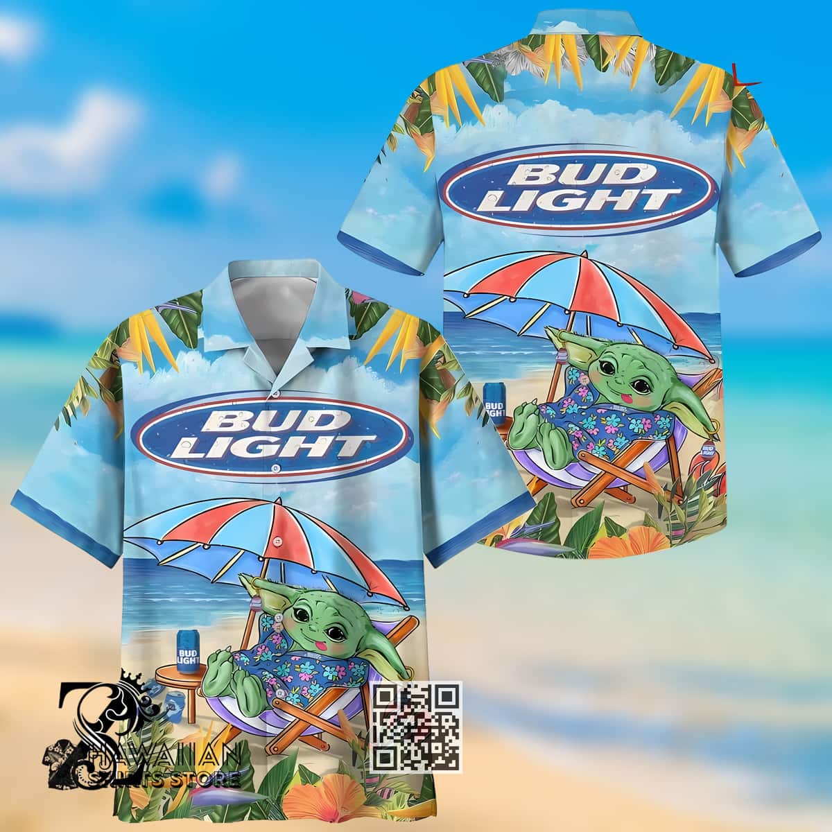 Baby Yoda Sitting On The Beach Bud Light Beer Hawaiian Shirt