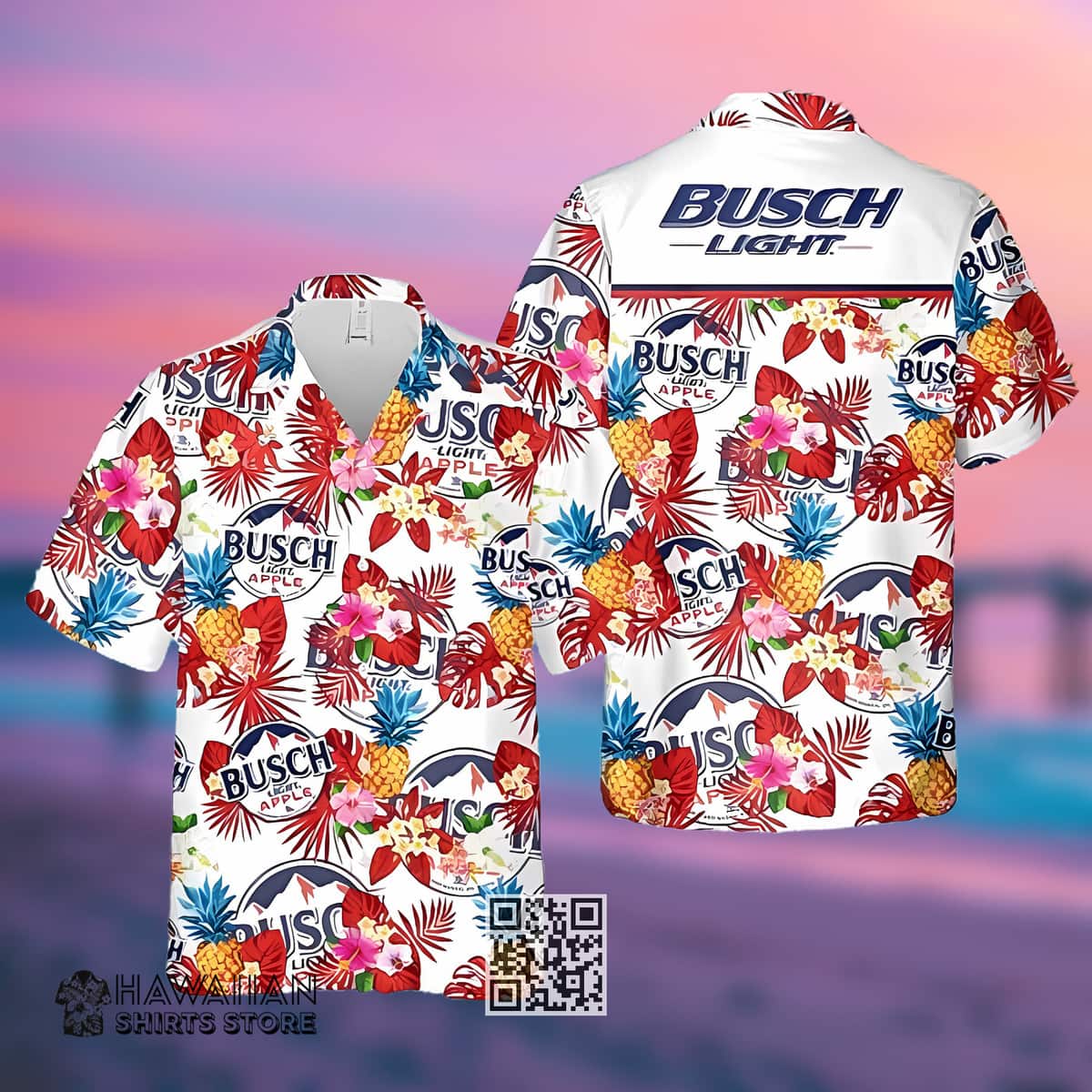 Busch Light Apple Hawaiian Shirt Seamless Pattern With Tropical Fruits And Flowers