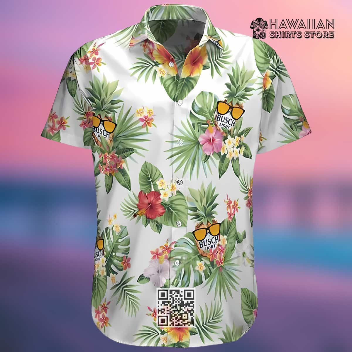 Busch Light Beer Hawaiian Shirt Hibiscus Flower & Pineapple With Sunglasses
