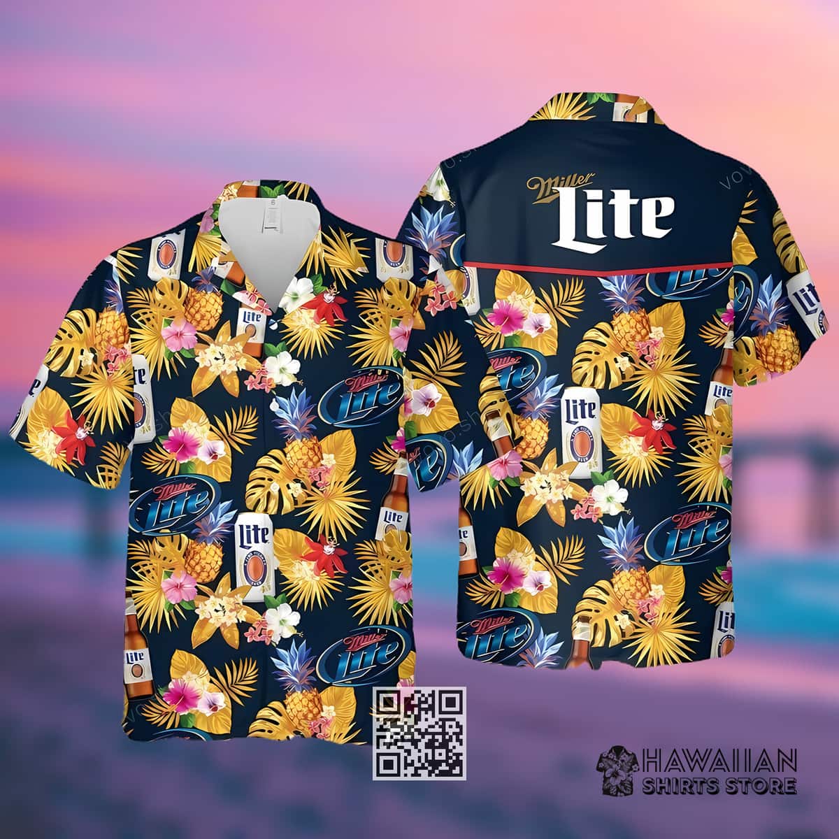 Black Aloha Miller Lite Beer Hawaiian Shirt Summer Flowers And Pineapples