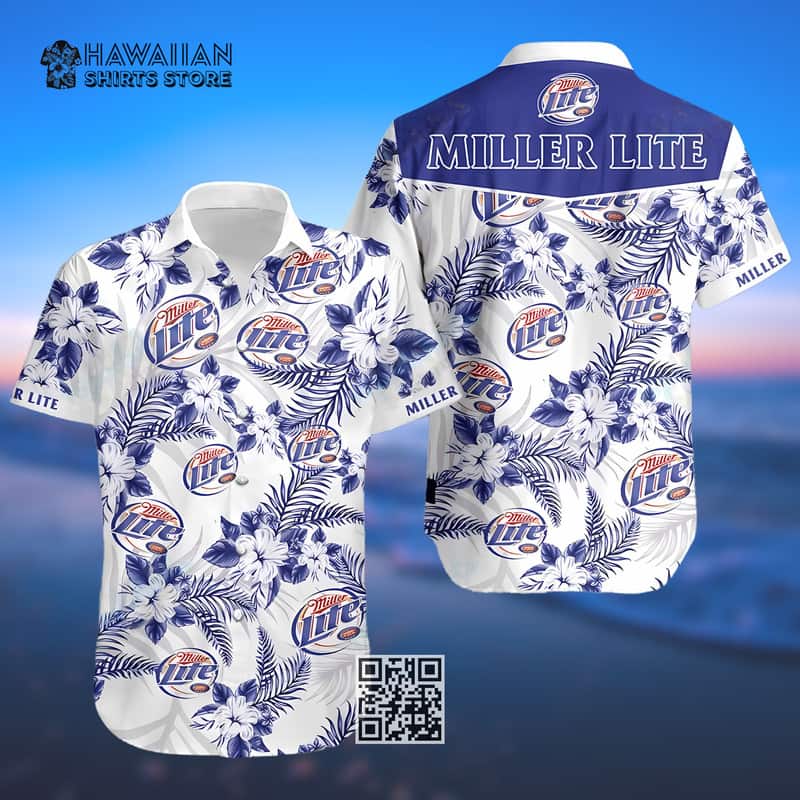 White Aloha Miller Lite Beer Hawaiian Shirt Hibiscus Flower White Aloha Miller Lite Beer Hawaiian Shirt Hibiscus Flower