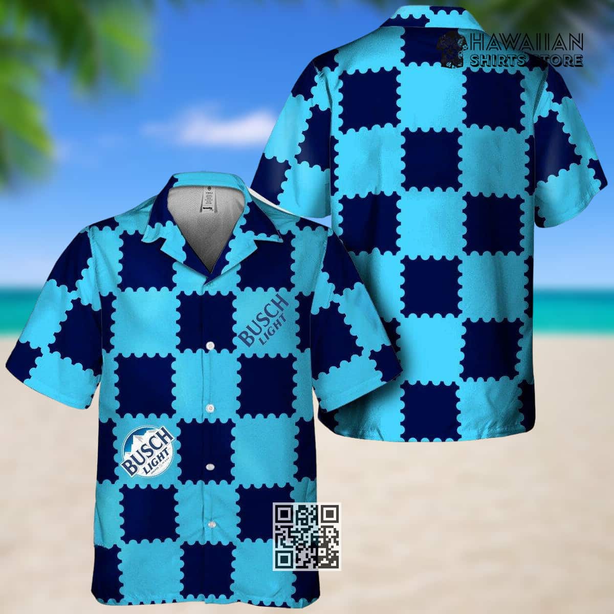 Busch Light Hawaiian Shirt Blue Gingham Pattern