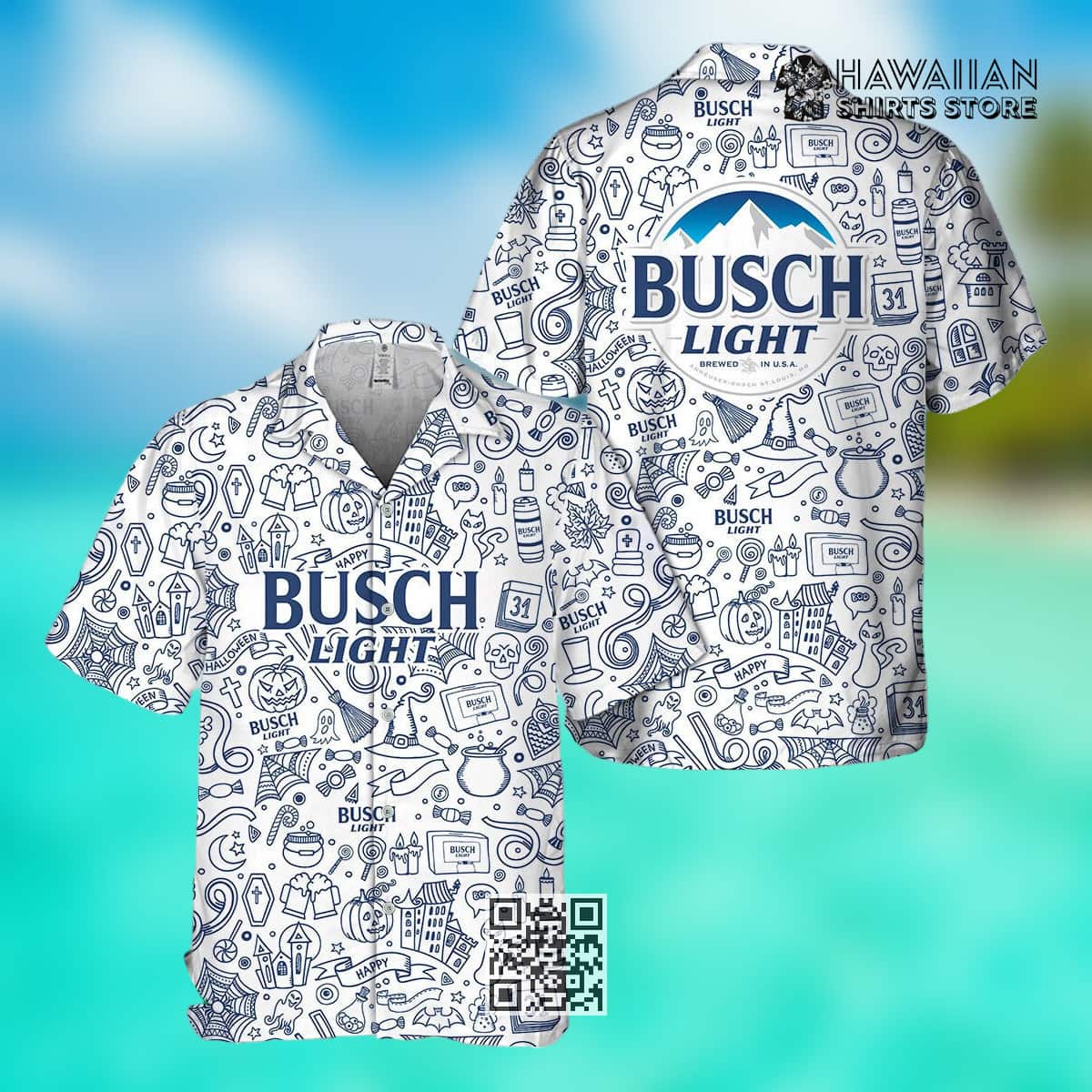 Busch Light Hawaiian Shirt Happy Halloween Doodle Art For Beer Lovers