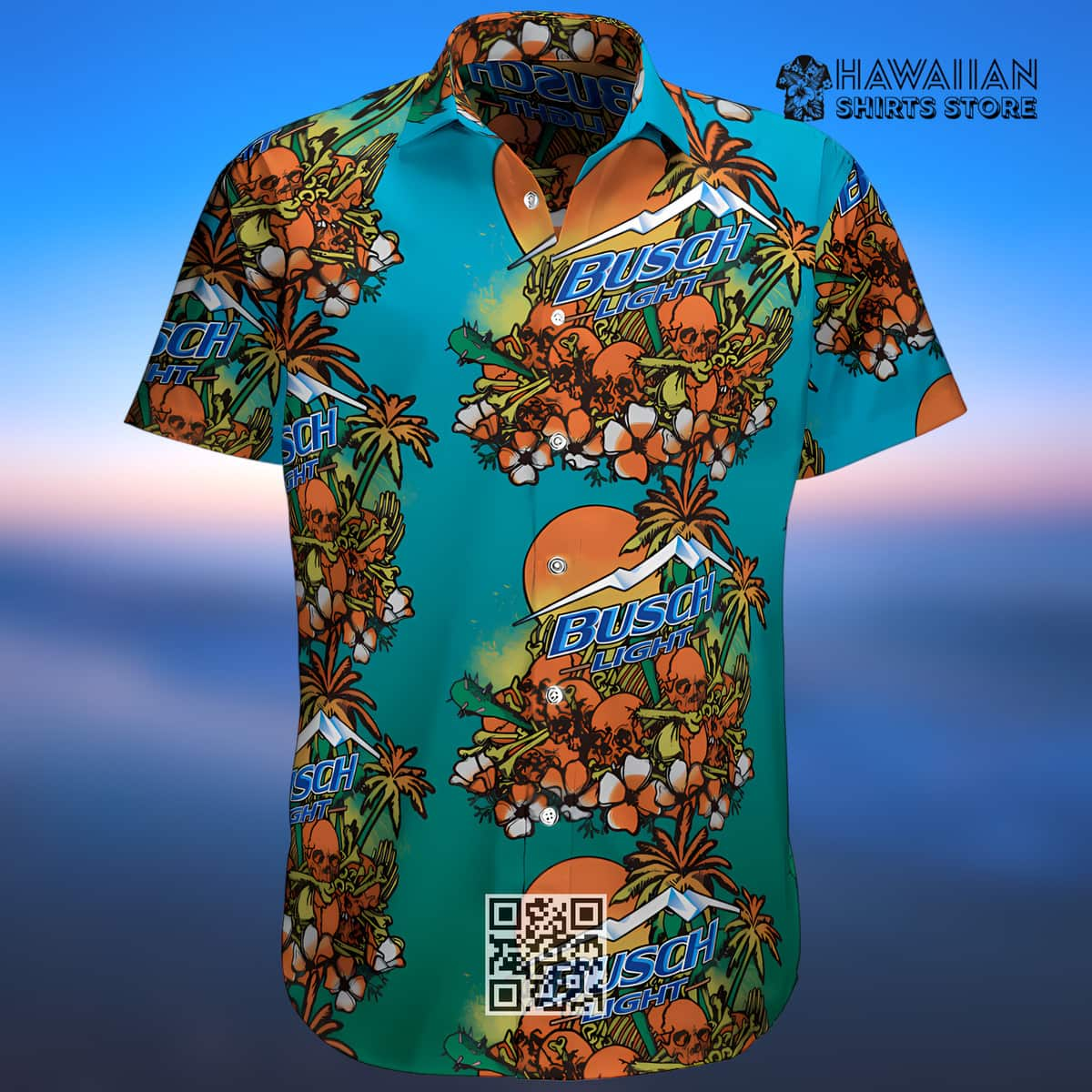 Busch Light Beer Hawaiian Shirt Orange Skull Floral Palm Islands