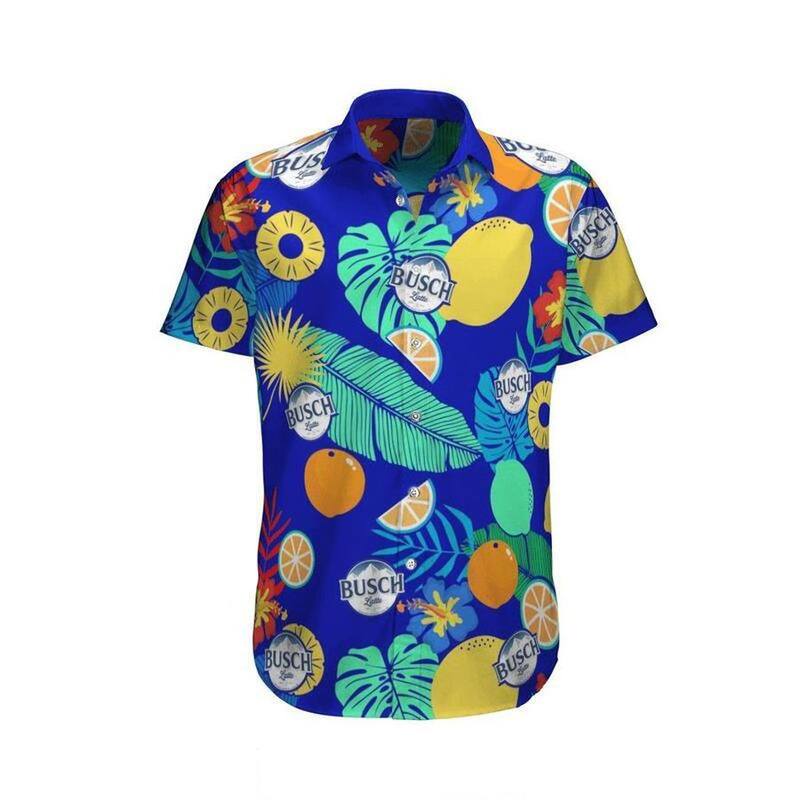 Blue Aloha Busch Latte Hawaiian Shirt Tropical Fruits And Leaves