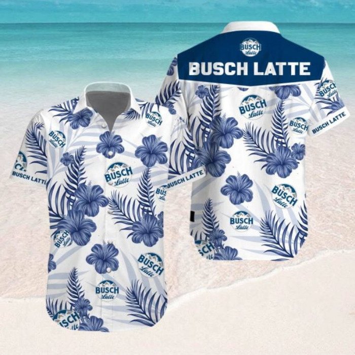 Busch Latte Hawaiian Shirt Blue Hibiscus Flowers Beach Lovers Gift