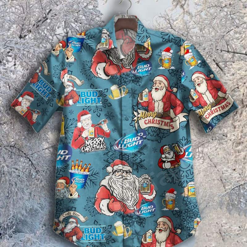 Merry Christmas Happy Santa Claus Drinking Bud Light Beer Hawaiian Shirt